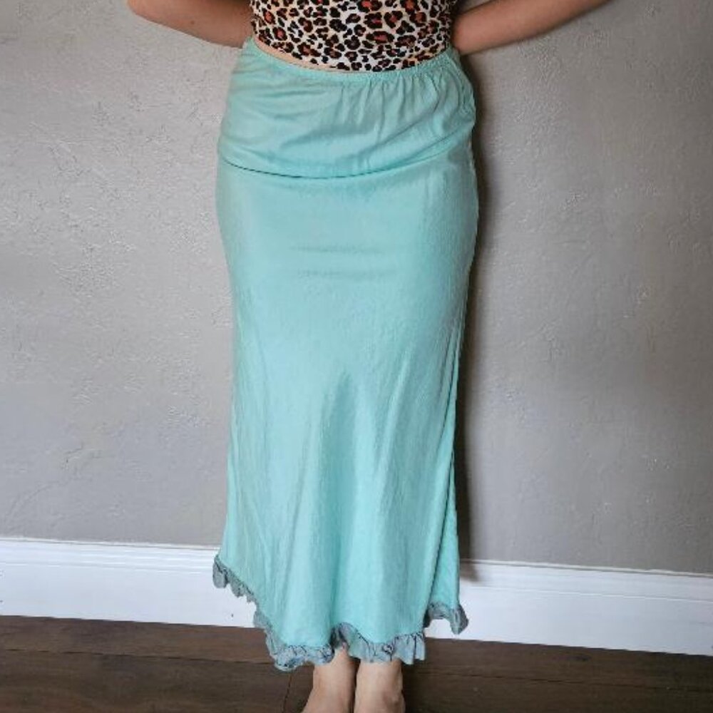 DOSA Designer Aqua 100% Stretch Silk Ruffled Iridescent Boho Maxi Skirt Size 2